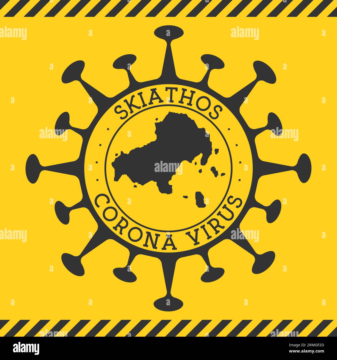 Corona virus dans le signe de Skiathos. Badge rond avec forme de virus et carte Skiathos. Timbre de verrouillage de l'épidemie de l'île jaune. Illustration vectorielle. Illustration de Vecteur