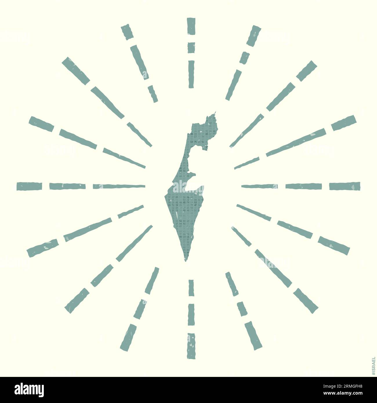 Affiche grunge Sunburst avec une carte d'Israël. La forme d'Israël est remplie de chiffres hexagonaux, entourés de rayons de soleil. Illustration vectorielle rayonnante. Illustration de Vecteur