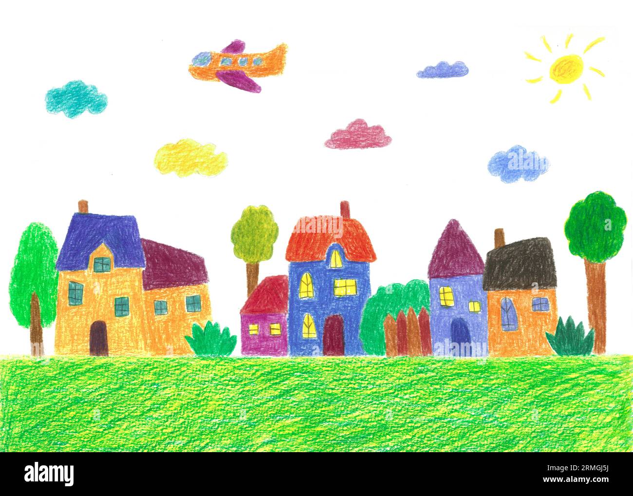Œuvre d'art pour enfants d'Une scène de ville avec avion, bâtiments, soleil, nuage, arbres Banque D'Images