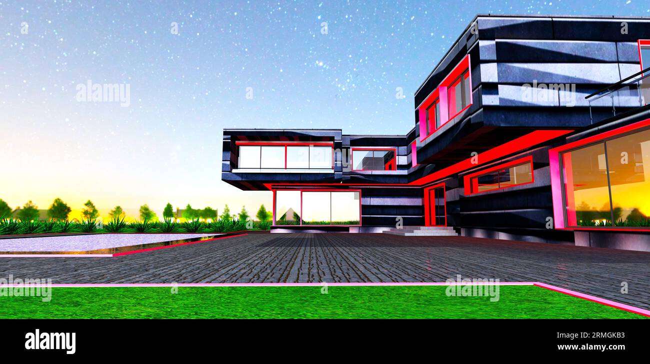 Éléments lumineux rouges de la façade du chalet moderne la nuit. Conception innovante du matériau de finition en pierre. rendu 3d. Banque D'Images