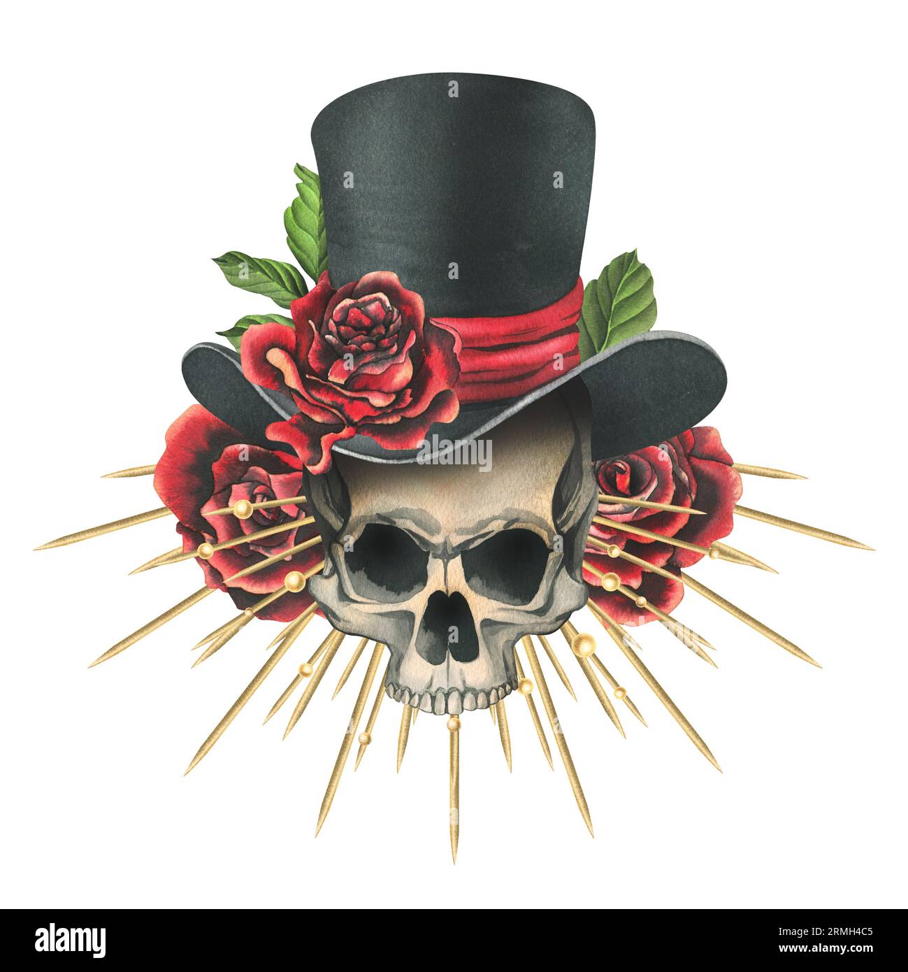 Crâne humain dans un chapeau haut de gamme avec des roses rouges, une couronne dorée avec des rayons. Illustration aquarelle dessinée à la main pour le jour des morts, halloween, Dia de los Banque D'Images