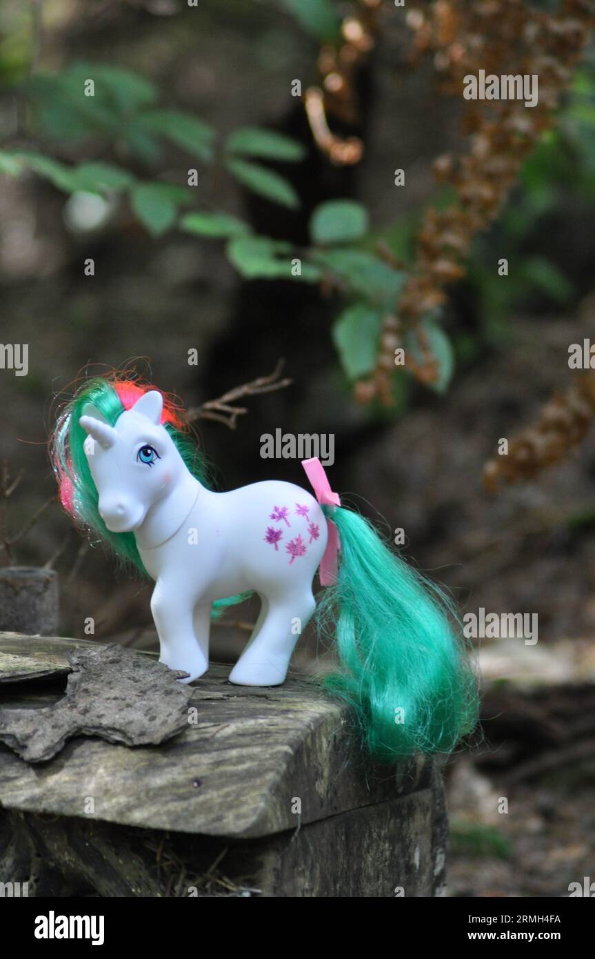 My Little Pony Figurine de Gusty la licorne (1984) par Hasbro situé dans un environnement boisé Banque D'Images