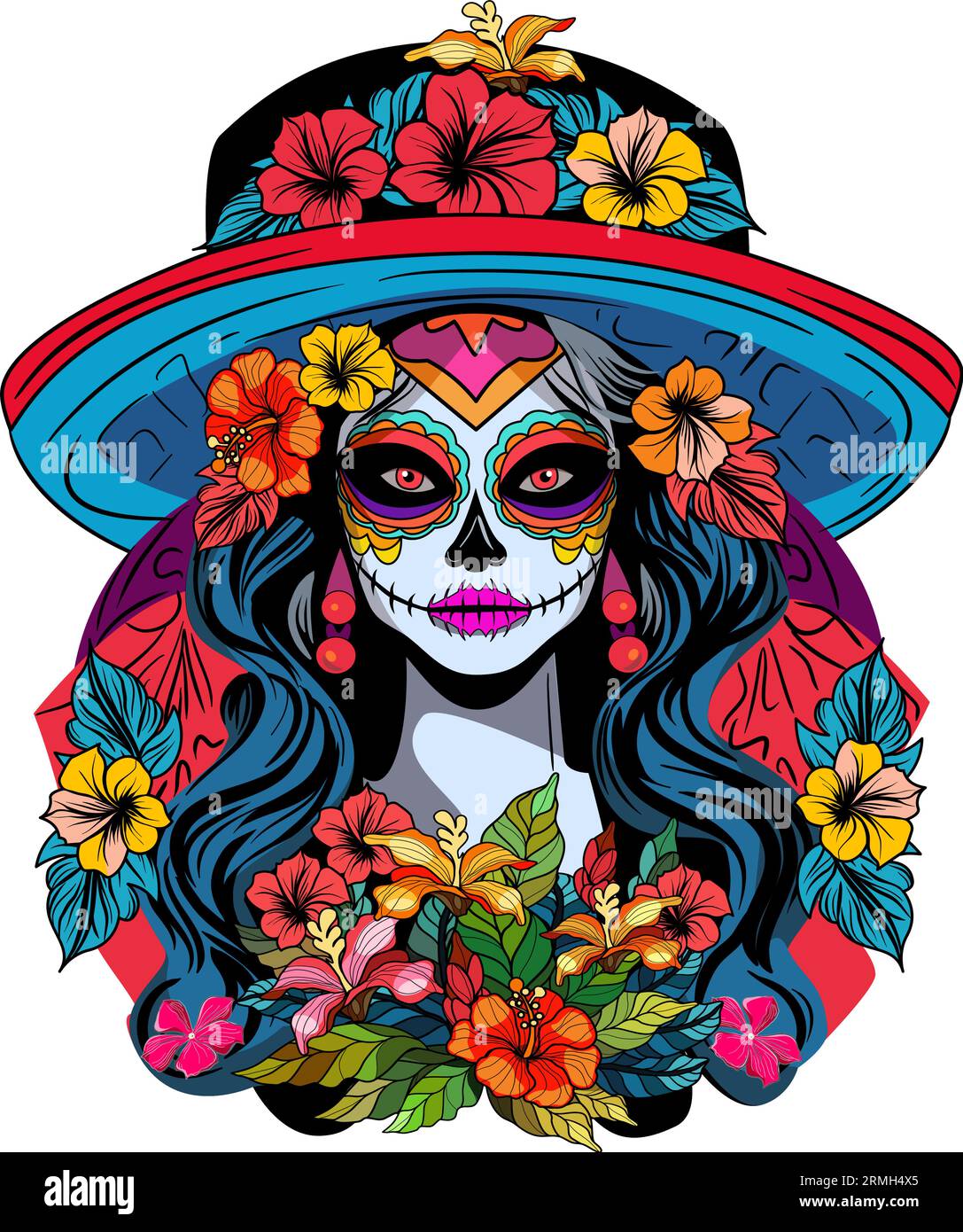 Catrina est le symbole du jour des morts. Crâne de sucre avec chapeau et fleurs. Illustration vectorielle. Illustration de Vecteur