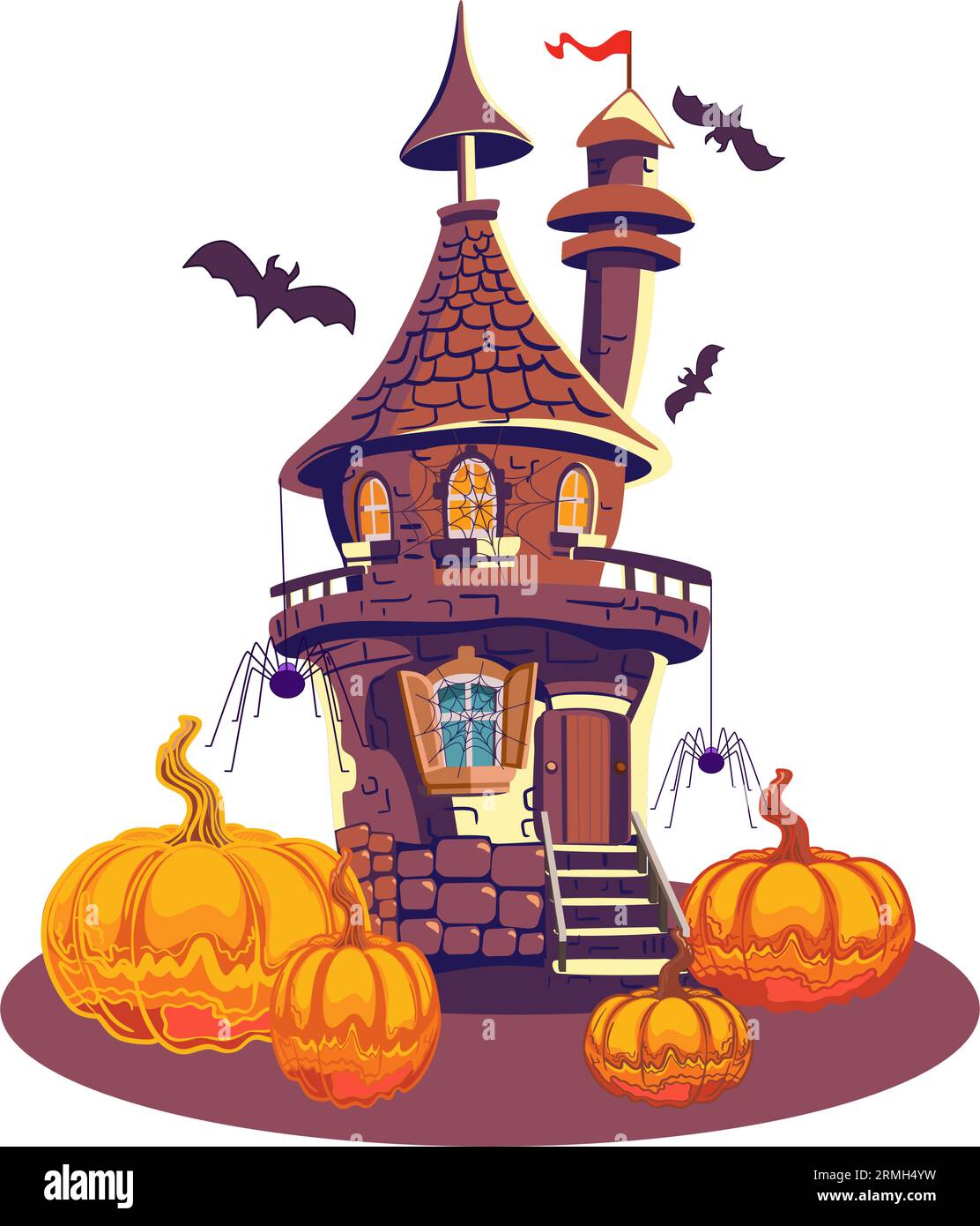 Illustration vectorielle Halloween de maison hantée avec des citrouilles et des araignées. Illustration de Vecteur