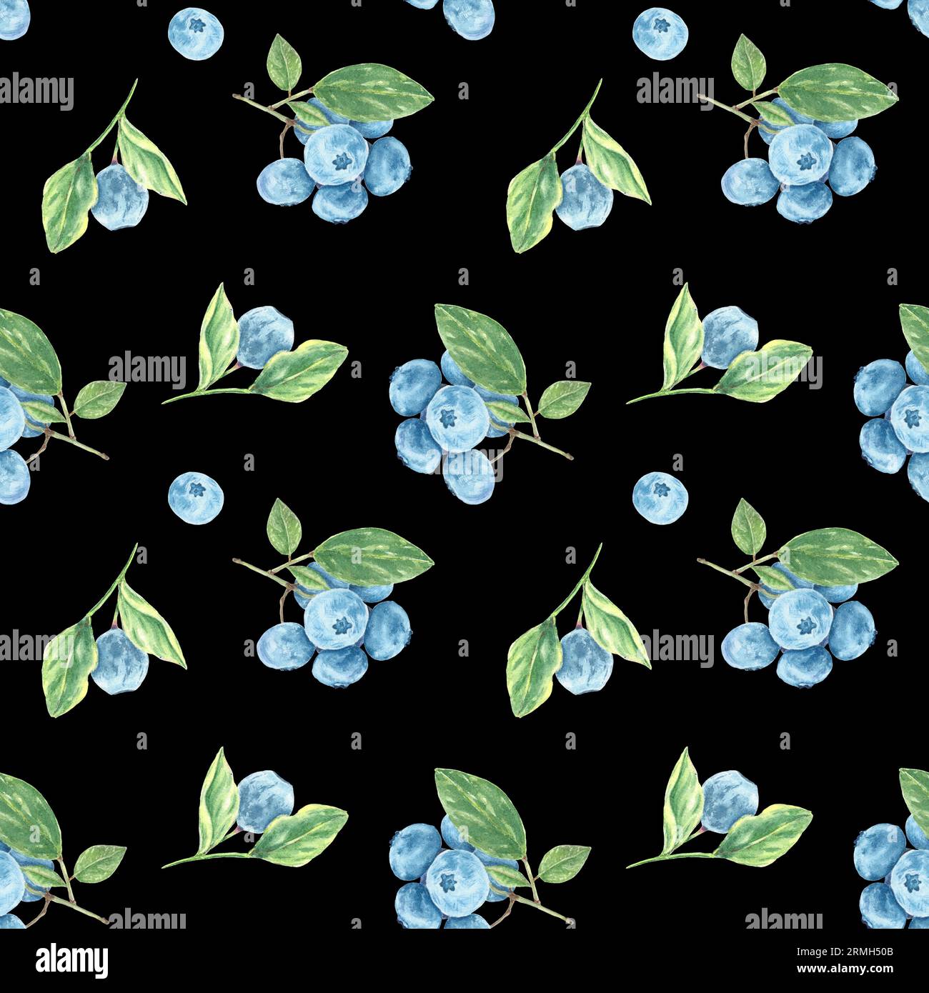Motif Blueberry Seamless. Brunch aquarelle avec baies myrtille et feuilles sur fond noir imprimé à la main dans un style botanique pour une utilisation en vacances Banque D'Images Motif Blueberry Seamless. Brunch aquarelle avec baies myrtille et feuilles sur fond noir imprimé à la main dans un style botanique pour une utilisation en vacances Banque D'Images