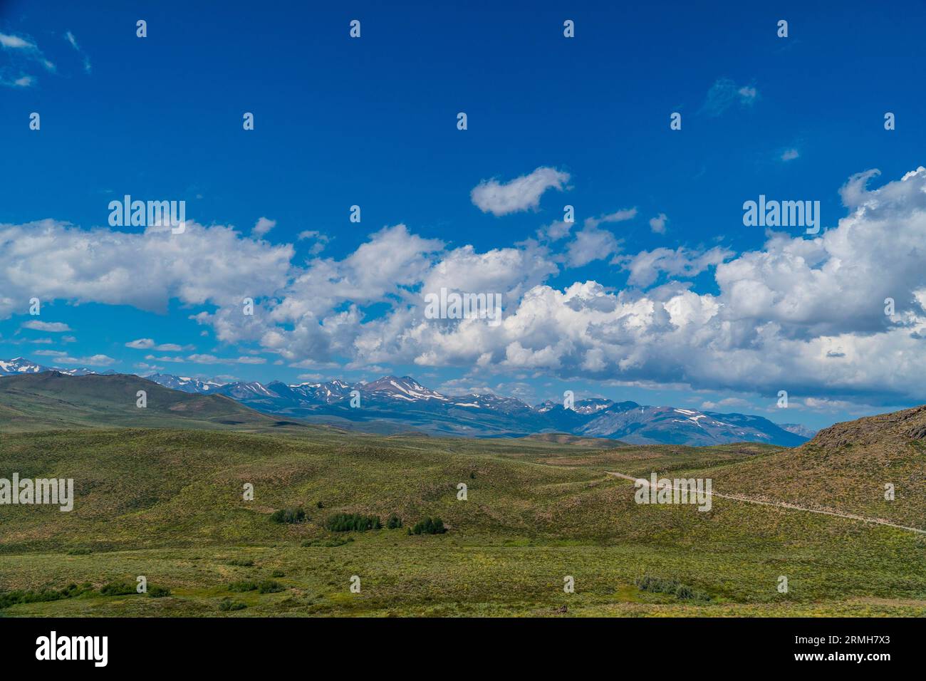 Collines avec les Sierras orientales enneigées en arrière-plan. Sur la California route 270 vers la ville fantôme de Bodie, Californie. Banque D'Images