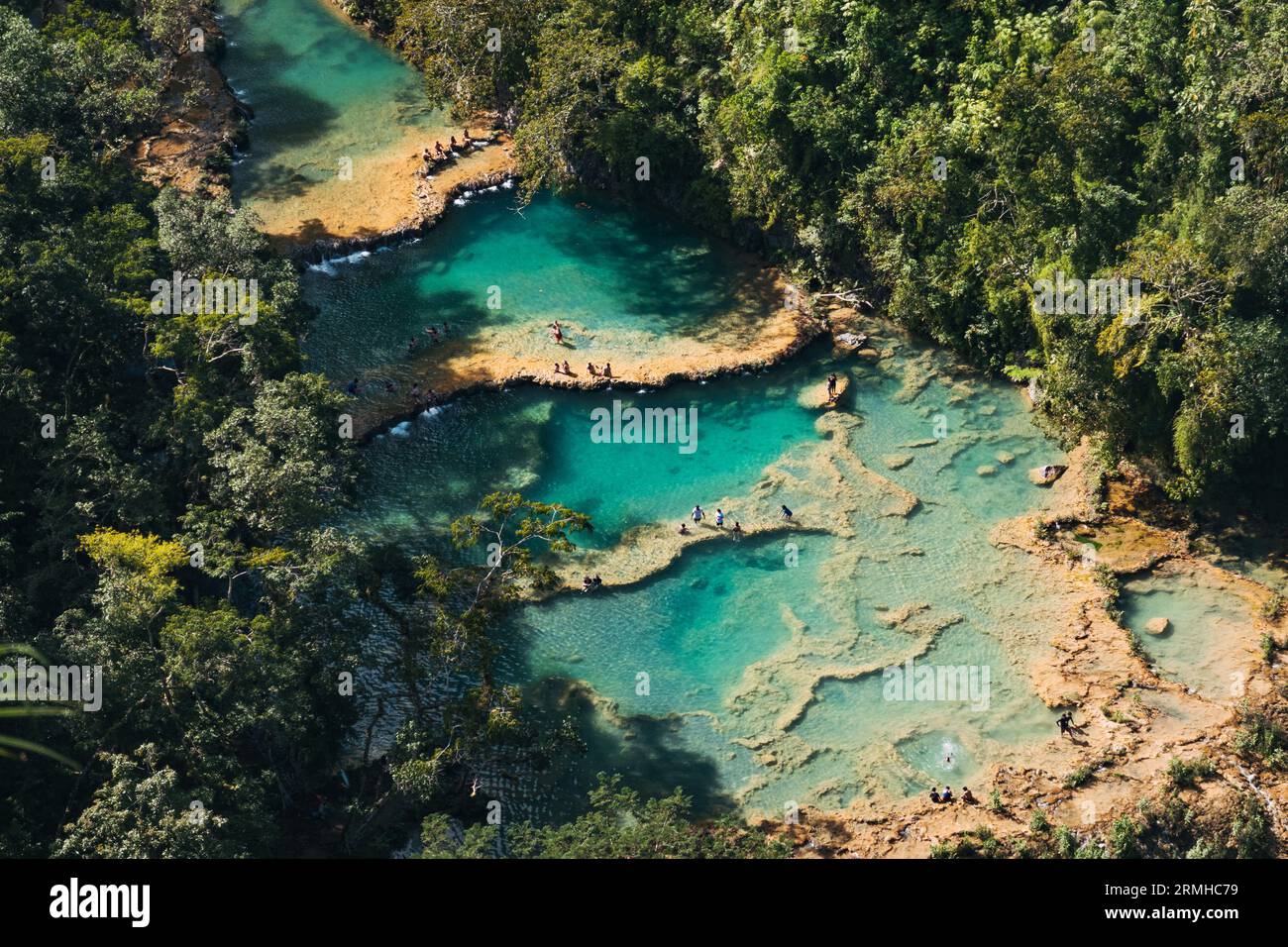 Les touristes nagent et profitent des piscines turquoise sur la rivière Cahabón dans le Monument naturel de Semuc Champey, Guatemala Banque D'Images