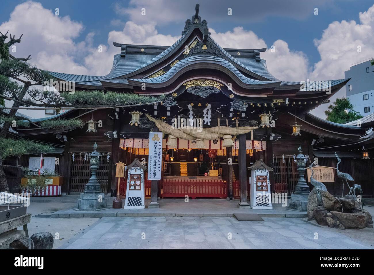 Japon, Fukuoka. Sanctuaire Kushida Shinto. En regardant vers l'autel principal du sanctuaire. Shimenawa Rope et Paper Streamers désignent un espace Sacré. Banque D'Images
