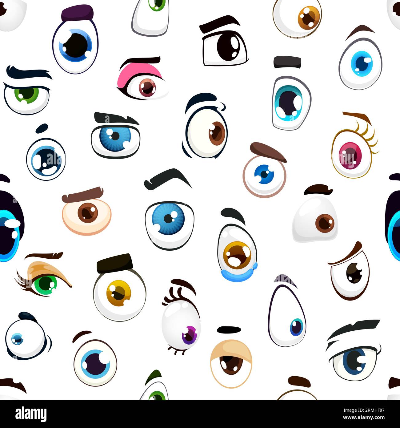 Dessin animé Comic Eyes modèle sans couture. Toile de fond, textile ou papier peint imprimé vectoriel avec des yeux de personnages d'homme et de femme, des globes oculaires comiques humains avec esprit Illustration de Vecteur