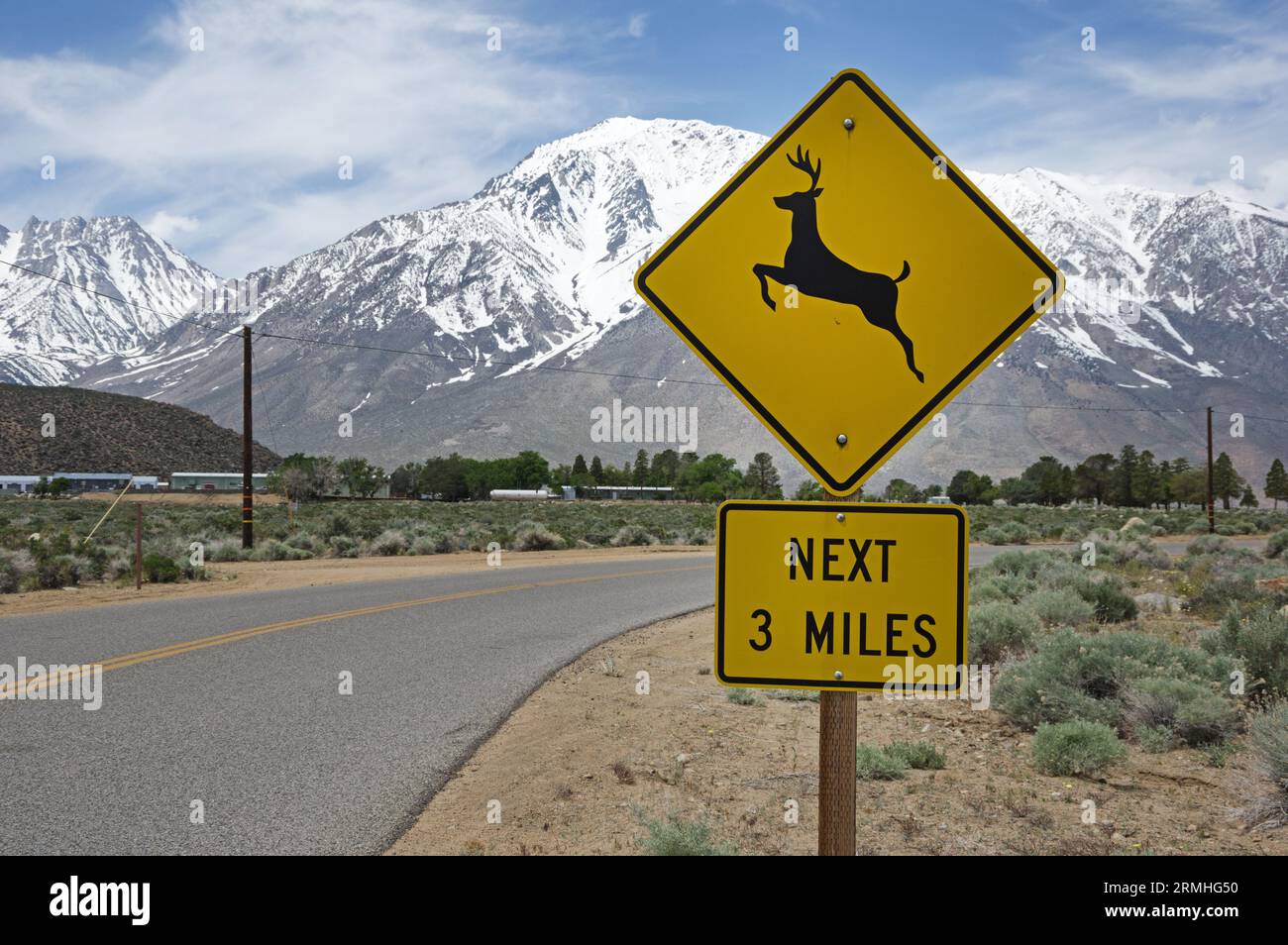 Cher croisement prochain panneau d'avertissement de 3 miles le long d'une route rurale dans la vallée d'Owens en Californie Banque D'Images
