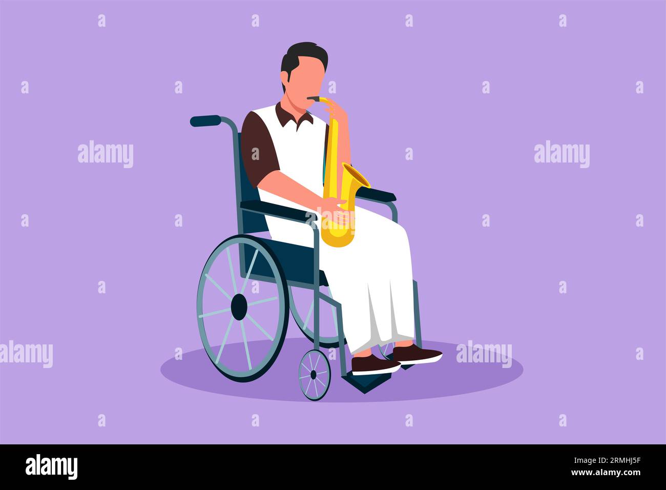 Personnage plat dessin homme arabe assis en fauteuil roulant joue du saxophone. Patient handicapé, performance de musique classique. Handicapé physique. Rehabilit Banque D'Images