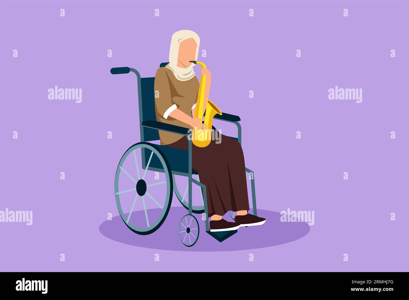 Personnage plat dessin belle femme arabe assise en fauteuil roulant joue du saxophone. Patient handicapé, musique classique. Handicapé physique. Personne Banque D'Images