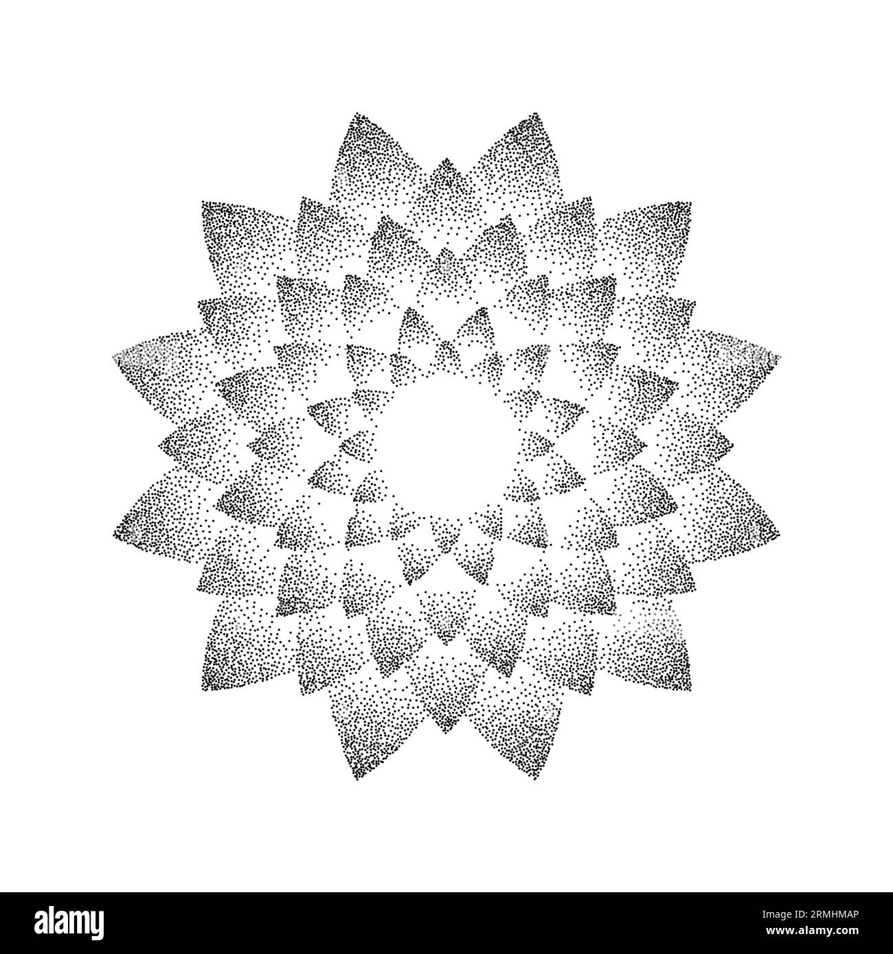 Fond de fleur de stipple. Mandala orné de pois. Forme du grain de bruit. Décoration abstraite de pétales floraux noirs. Conception de modèle de travail à points radiaux pour affiche, vêtements, badge, autocollant. Vecteur Illustration de Vecteur