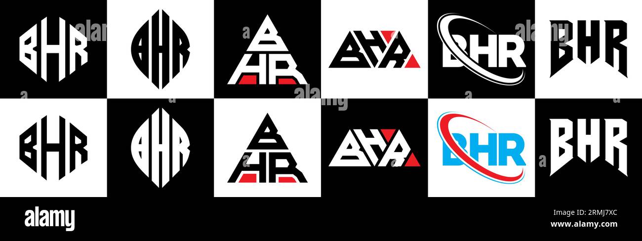 Conception de logo de lettre BHR dans le style six. BHR polygone, cercle, triangle, hexagone, plat et style simple avec le logo de la lettre de variation de couleur noir et blanc se Illustration de Vecteur