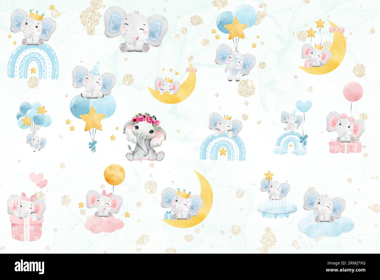 Collection d'éléphants de bébé aquarelle Banque D'Images