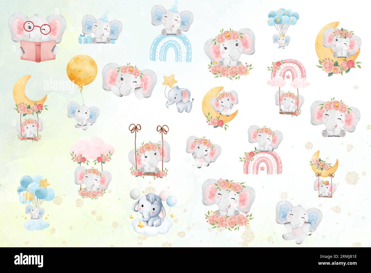 Collection d'éléphants de bébé aquarelle Banque D'Images