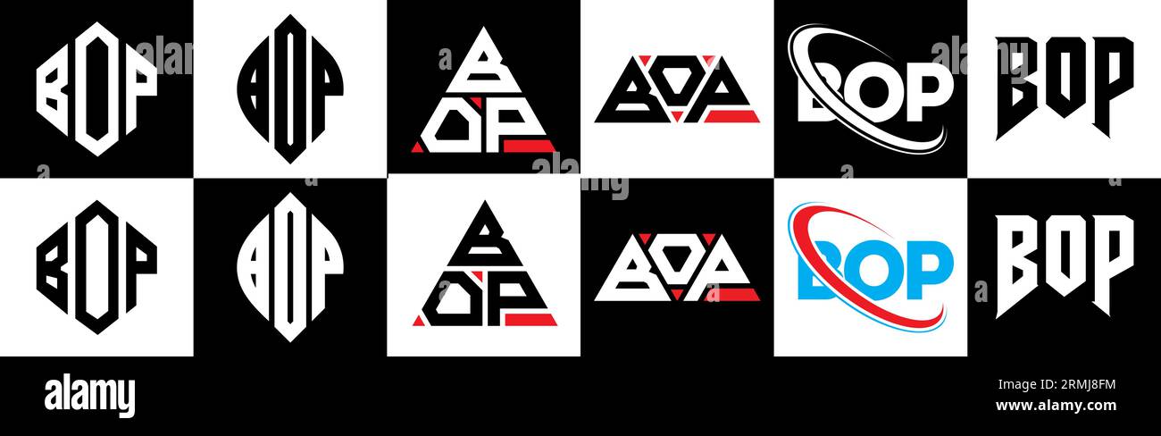 Conception de logo de lettre BOP dans le style six. BOP polygone, cercle, triangle, hexagone, plat et style simple avec le logo de la lettre de variation de couleur noir et blanc se Illustration de Vecteur