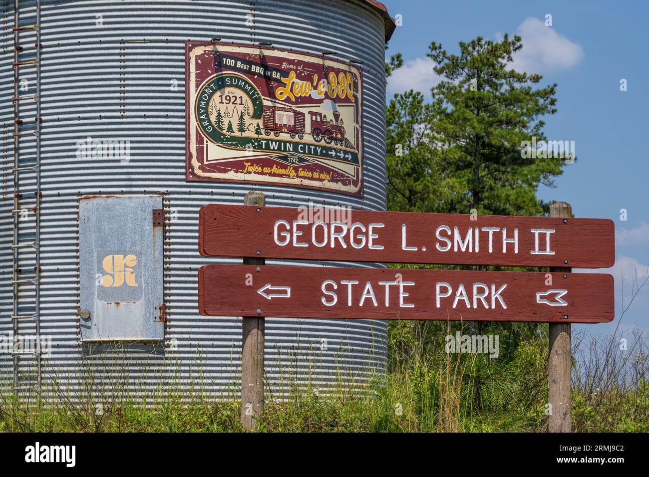 Signalisation indiquant George L. Smith II State Park à Twin City, Géorgie. (ÉTATS-UNIS) Banque D'Images