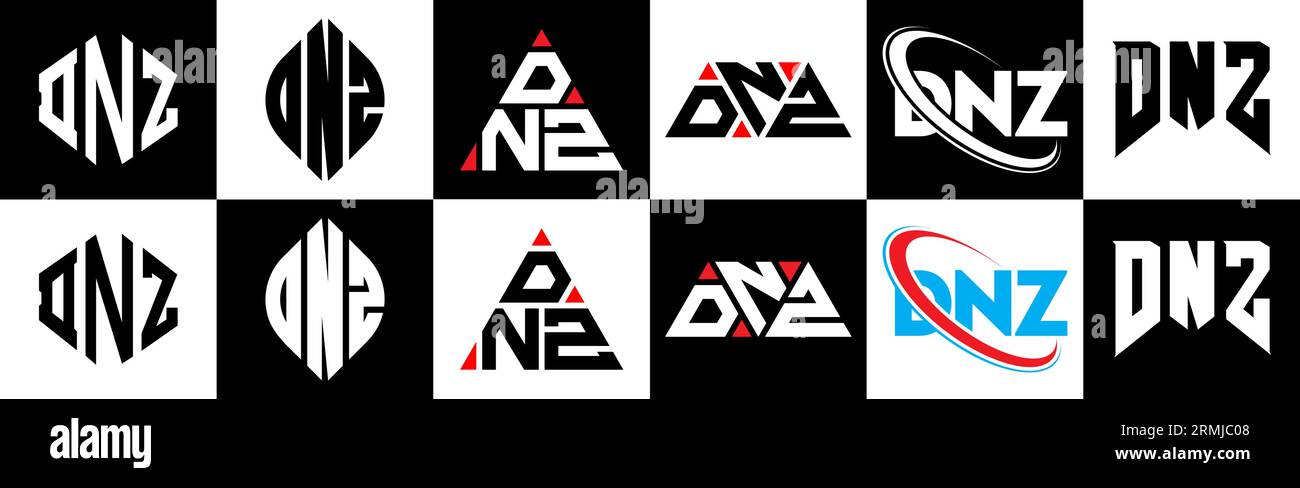 Conception de logo de lettre DNZ dans le style six. DNZ polygone, cercle, triangle, hexagone, plat et style simple avec le logo de lettre de variation de couleur noir et blanc se Illustration de Vecteur