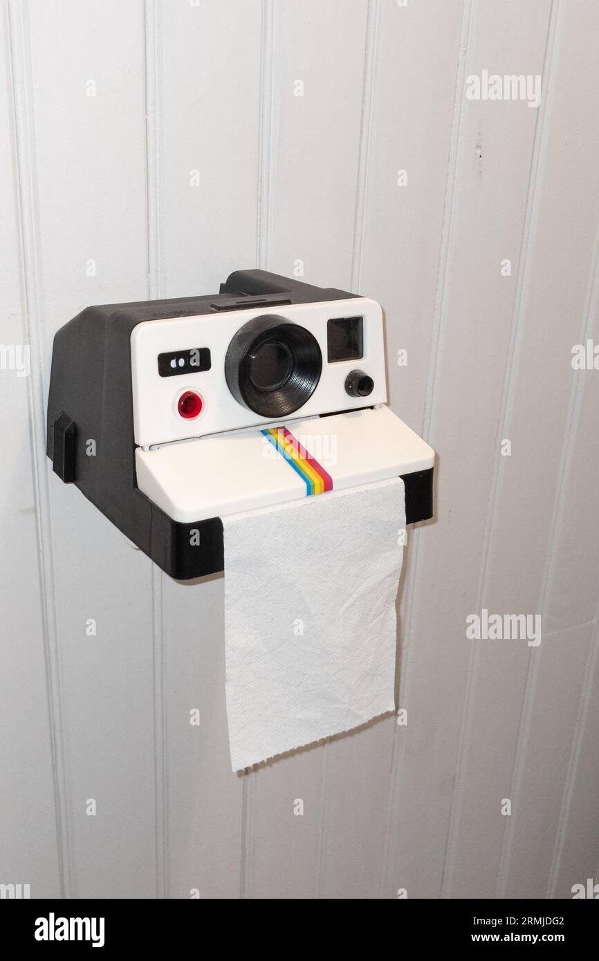 Bordeaux , France - 08 28 2023 : distributeur de papier toilette Polaroid  sur l'intérieur du mur de wc en bois dans un porte-papier toilette en forme  de caméra d'impression instantanée Photo Stock - Alamy