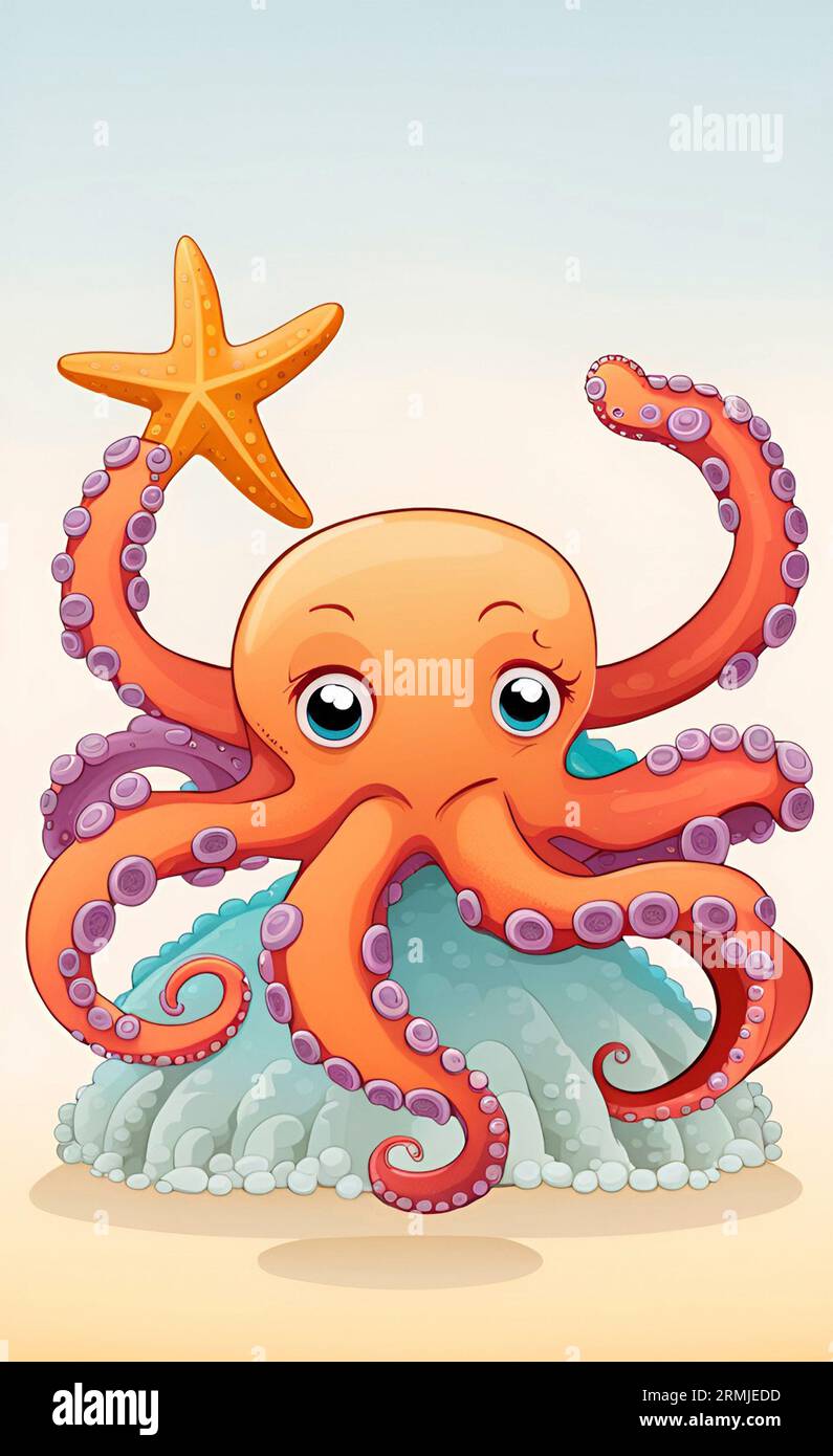 Mignon Octopus tenant Starfish Cartoon Banque D'Images