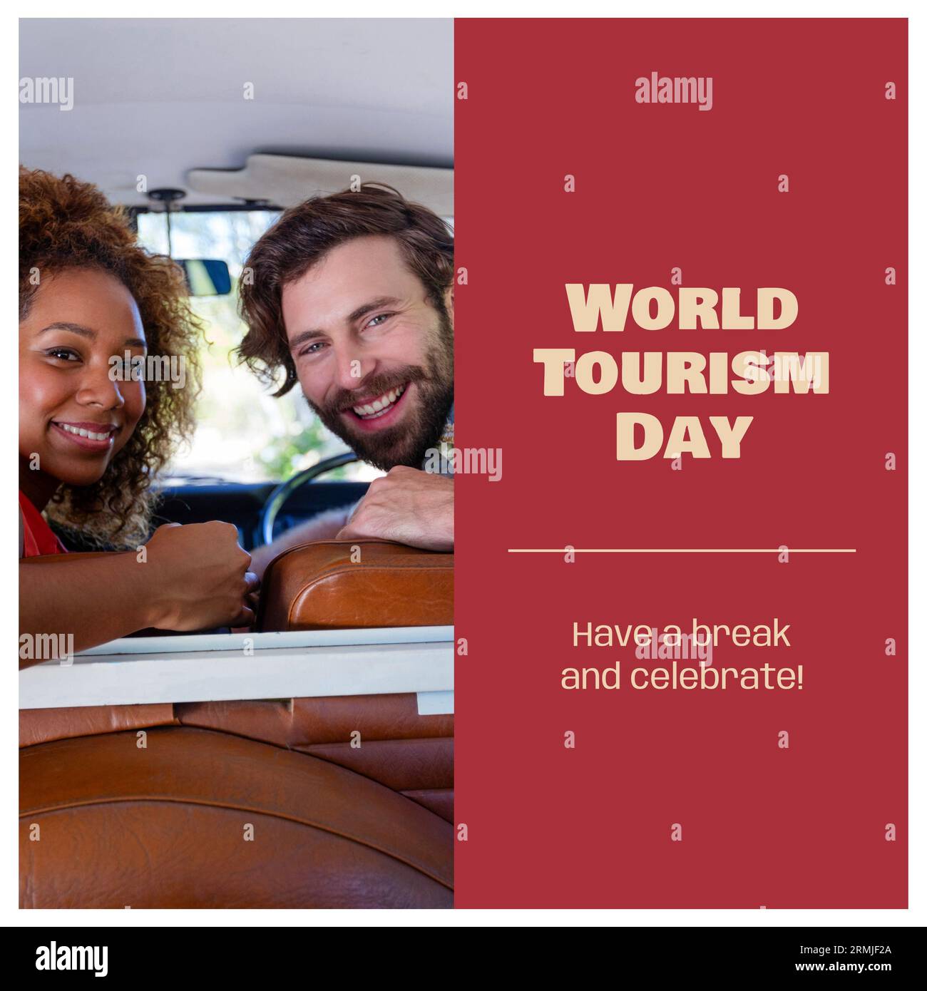Composite de faire une pause et célébrer le texte de la journée mondiale du tourisme sur divers couples en camping-car Banque D'Images
