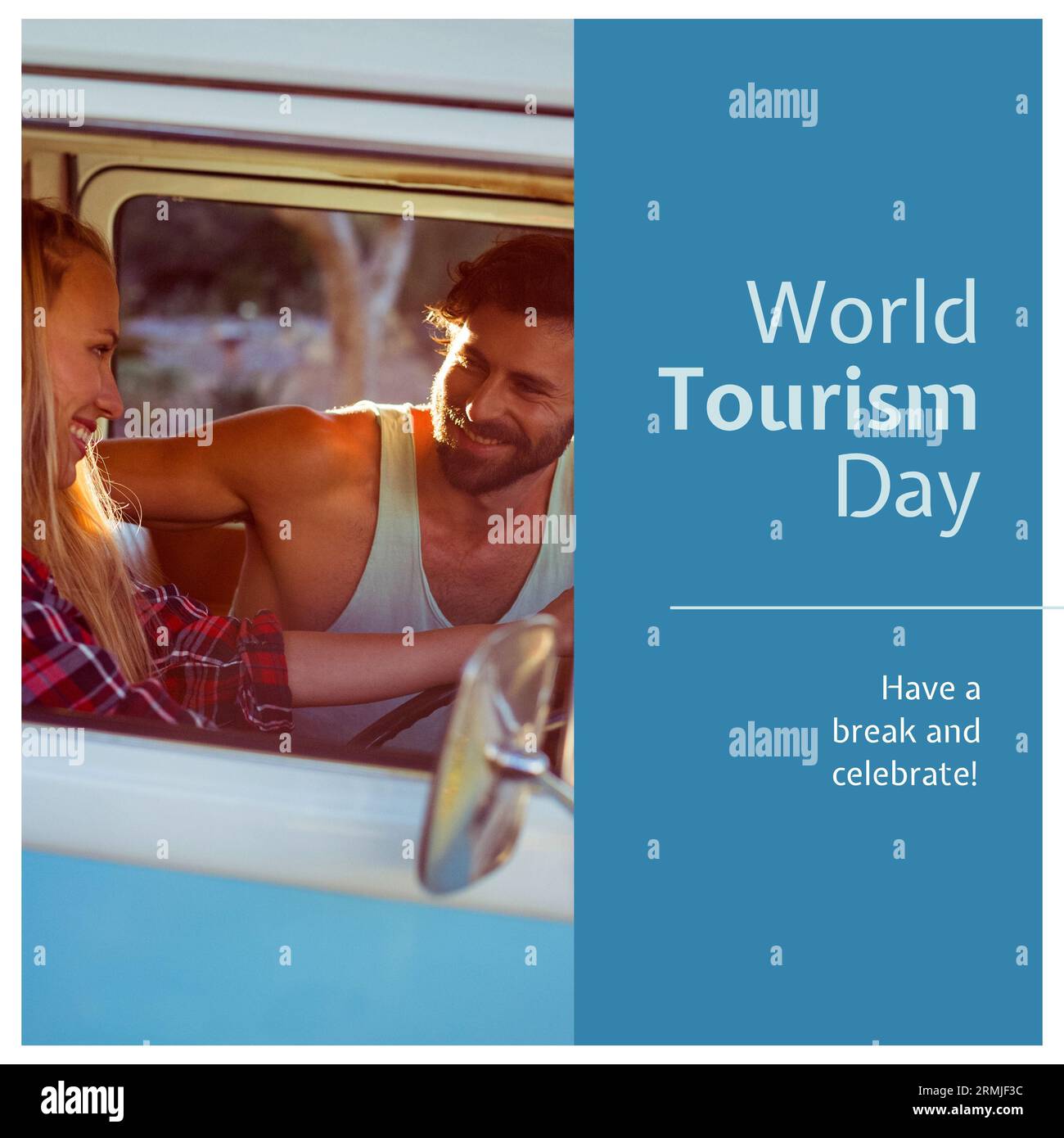 Composite de faire une pause et célébrer le texte de la journée mondiale du tourisme sur couple caucasien en camping-car Banque D'Images