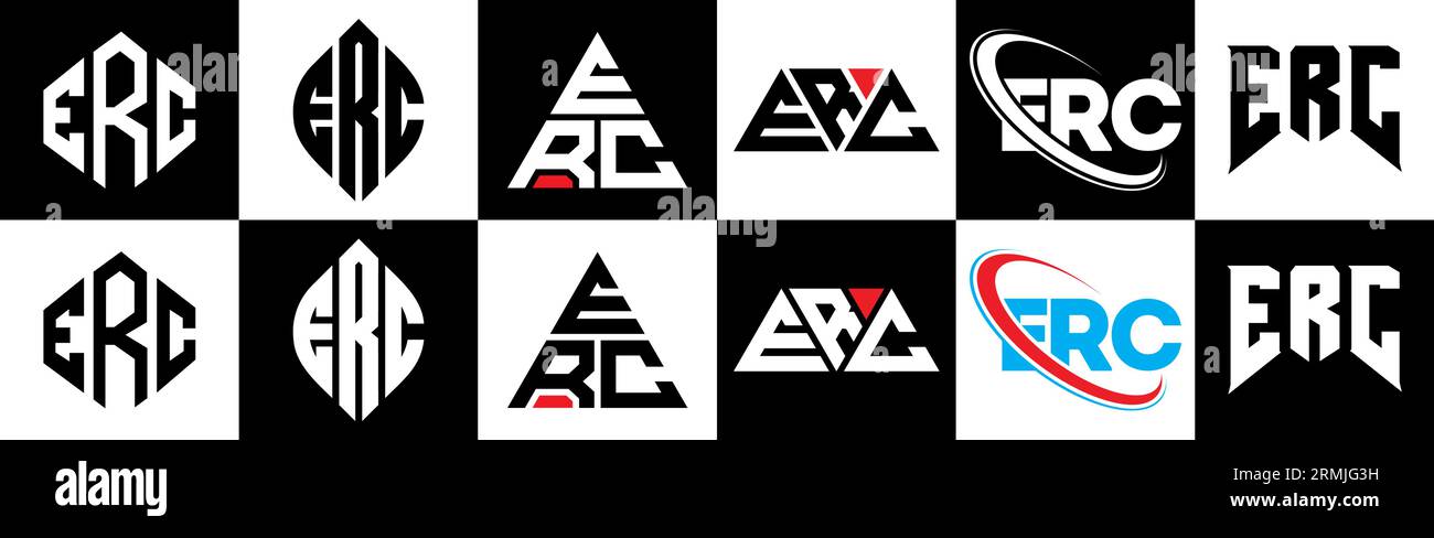 Conception de logo de lettre ERC dans le style six. Polygone ERC, cercle, triangle, hexagone, plat et style simple avec le logo de la lettre de variation de couleur noir et blanc se Illustration de Vecteur