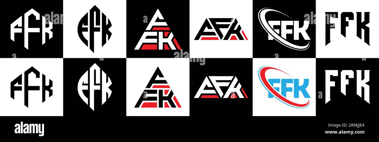 Design de logo de lettre FFK dans le style six. FFK polygone, cercle, triangle, hexagone, plat et style simple avec le logo de lettre de variation de couleur noir et blanc se Illustration de Vecteur