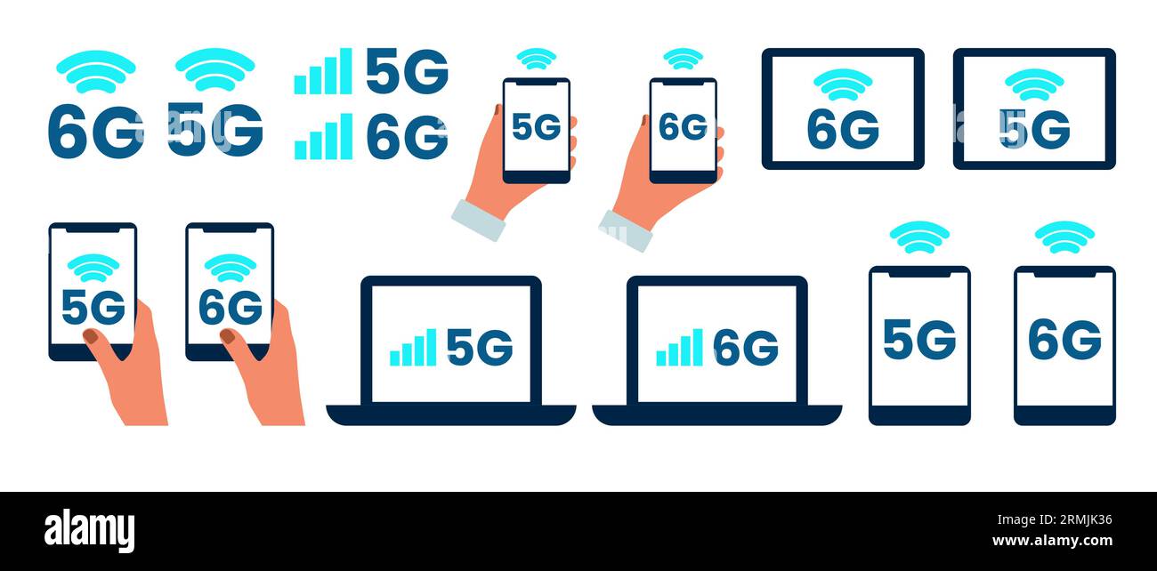 Icônes 5G, 6G, téléphone, ordinateur portable, tablette, téléphone à main. Logo wifi haute vitesse ou réseau sans fil. Symbole de la technologie Internet mobile. Illustration vectorielle à plat. Illustration de Vecteur