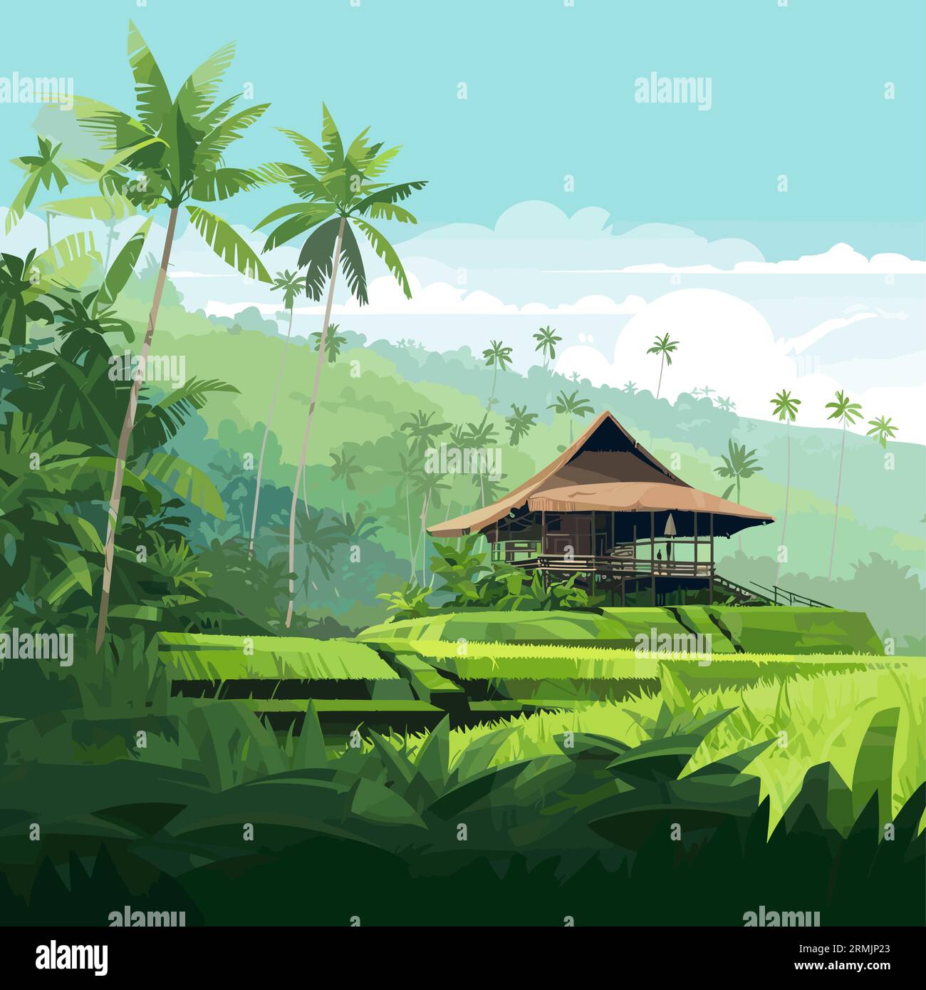 Un dessin de Bali, Illustration de voyage, temps ensoleillé, nuages détaillés lumineux, grande vue de surface, art vectoriel détaillé élevé, champs émotionnels de couleur, Illustration de Vecteur