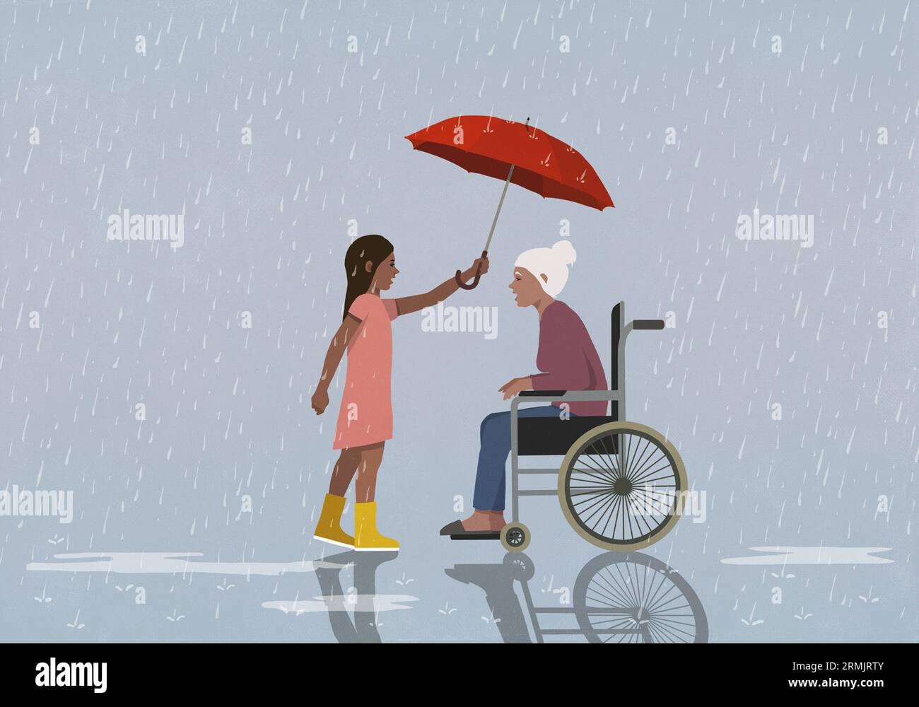 Fille attentionnée tenant un parapluie sur une femme âgée en fauteuil roulant, la protégeant de la pluie Banque D'Images