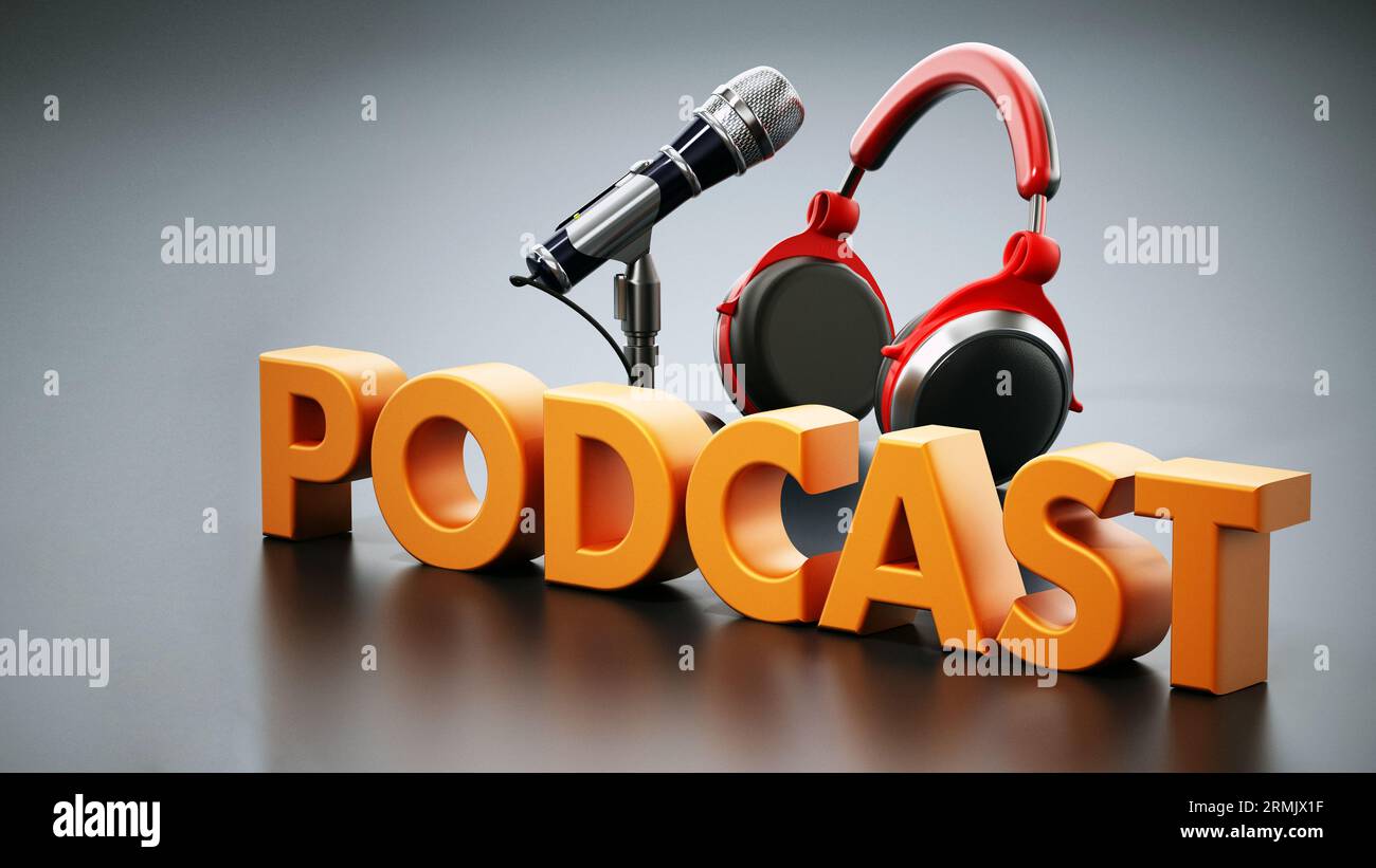 Mot de podcast, microphone et écouteurs debout sur surface noire. 3D illustration. Banque D'Images