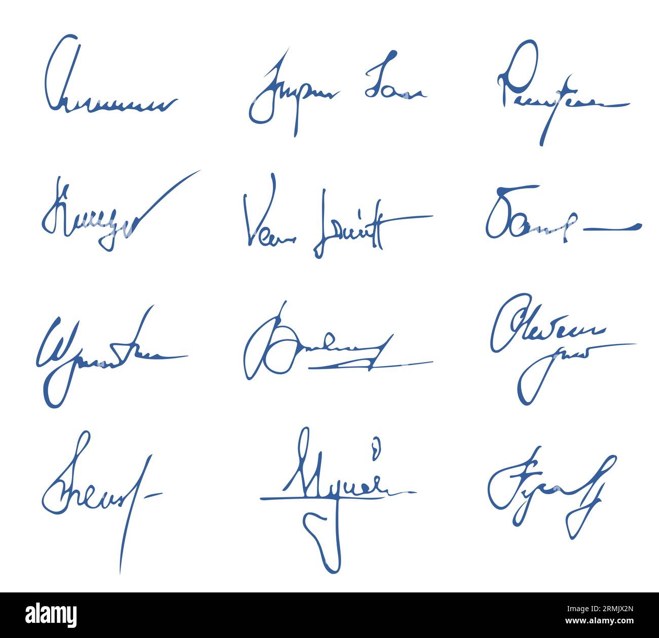 Collection d'autographes. Doodle lettres manuscrites, signatures esquissées et signes de certificats, variété de symboles dessinés à la main. Jeu de vecteurs. Écriture élégante de nom d'encre bleue pour l'accord commercial Illustration de Vecteur