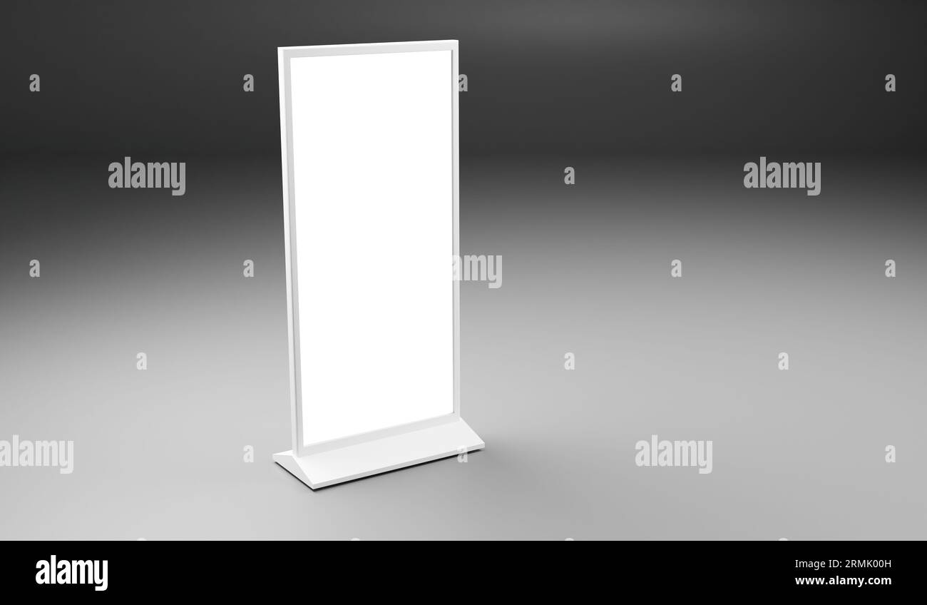 Stand publicitaire vierge en fond gris, rendu 3D, image verticale Banque D'Images