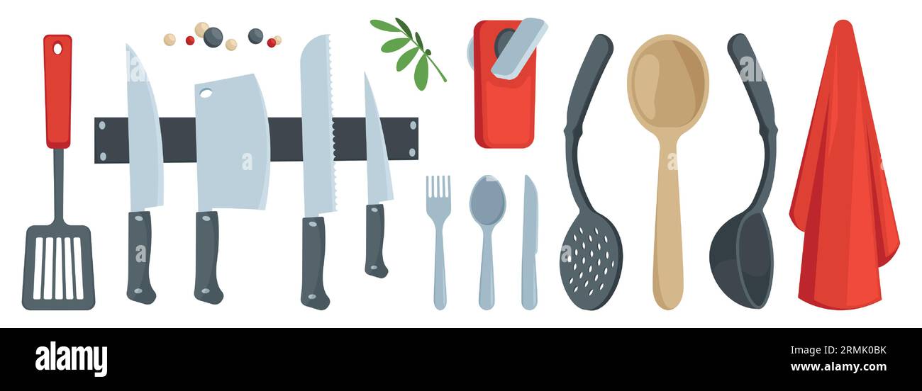 Ensemble de couverts de dessin animé. Ustensiles de cuisine cuillère fourchette couteau louche crépine spatule, spatule avec trou, outils de cuisson plats. Vector isolé ensemble d'illustration d'ustensiles de cuisine Illustration de Vecteur