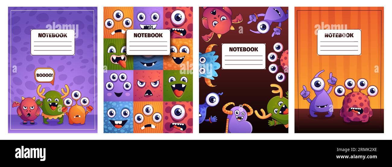 Housse pour carnet monstre. Cartoon fantasy personnages Sketchbook, journal de dessin animé vierge avec des personnages drôles et des yeux mignons. Illustration vectorielle de cahier de personnages d'animaux Illustration de Vecteur
