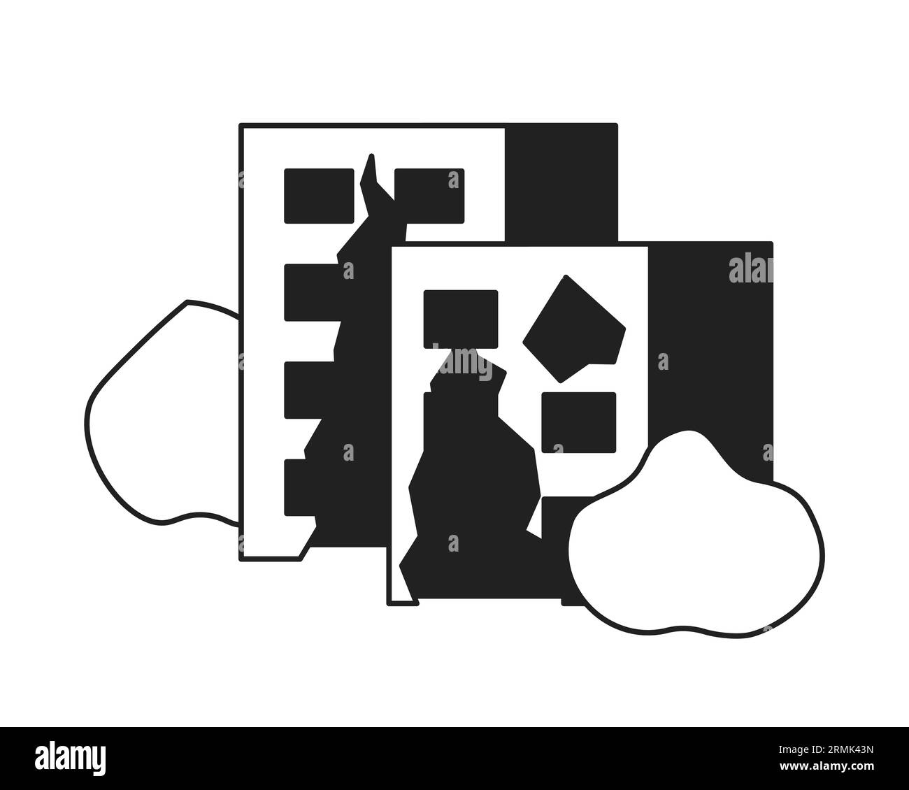 Objets vectoriels plats monochromes de maisons détruites Illustration de Vecteur