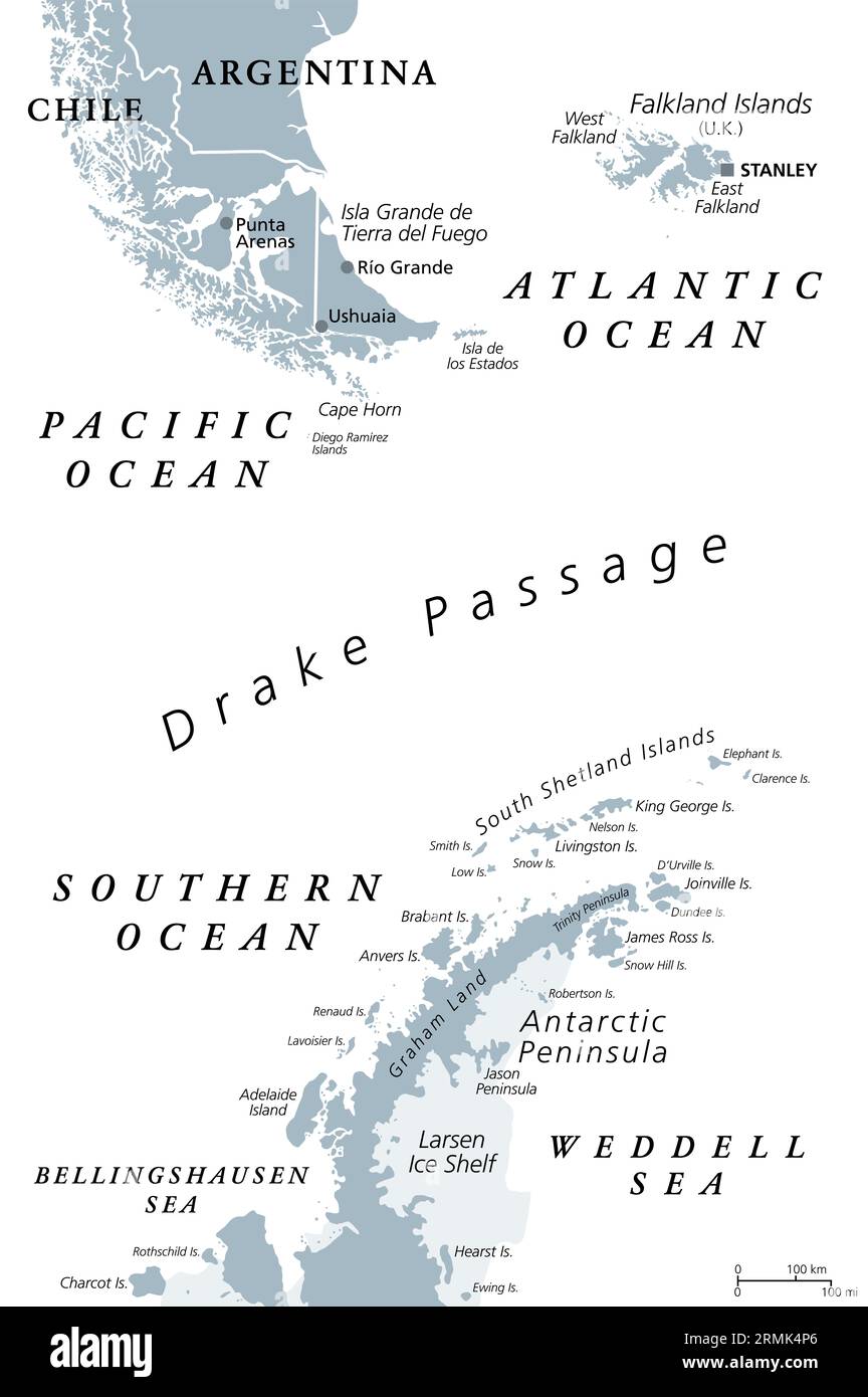 Drake passage, Mar de Hoces, ou Mer de Hoces, carte politique grise. Plan d'eau entre le cap Horn et la péninsule antarctique. Banque D'Images