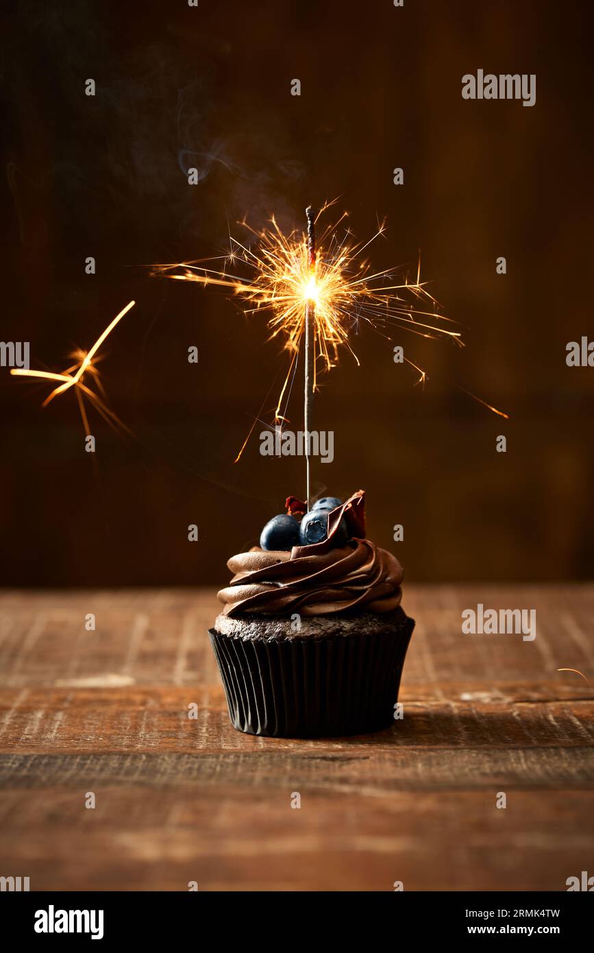 Cupcake au chocolat d'anniversaire avec un éclat sur une vieille table rustique avec fond de couleur marron. Palette de couleurs monochromatiques. Célébration. Espace de copie. Banque D'Images