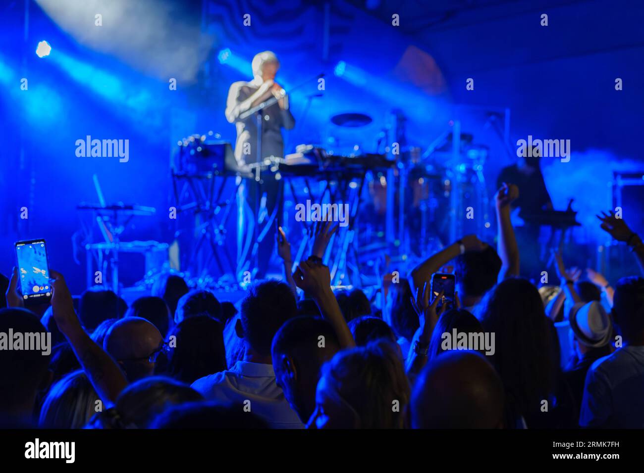 Vue arrière de la foule de personnes méconnaissables dansant avec les bras levés tout en se tenant près de la scène pendant le concert de chanteur masculin et musicien dans le club Banque D'Images