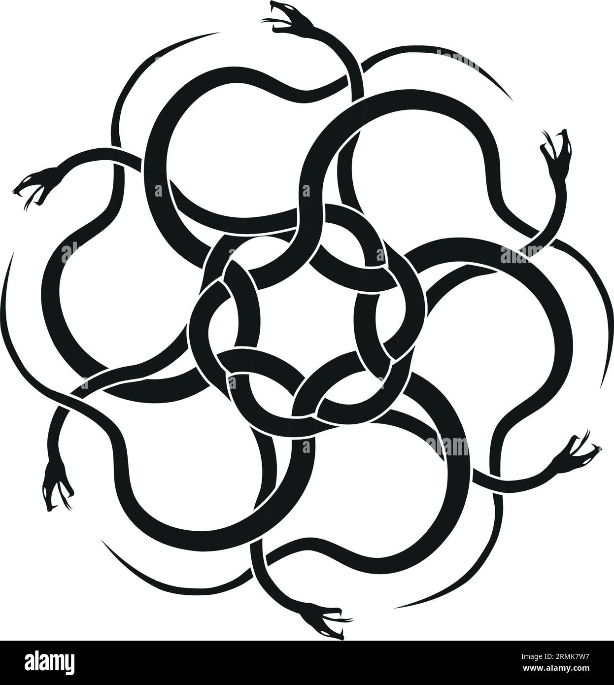 six serpents convergent dans un motif hexagonal, symbole de l'équilibre transformateur Illustration de Vecteur