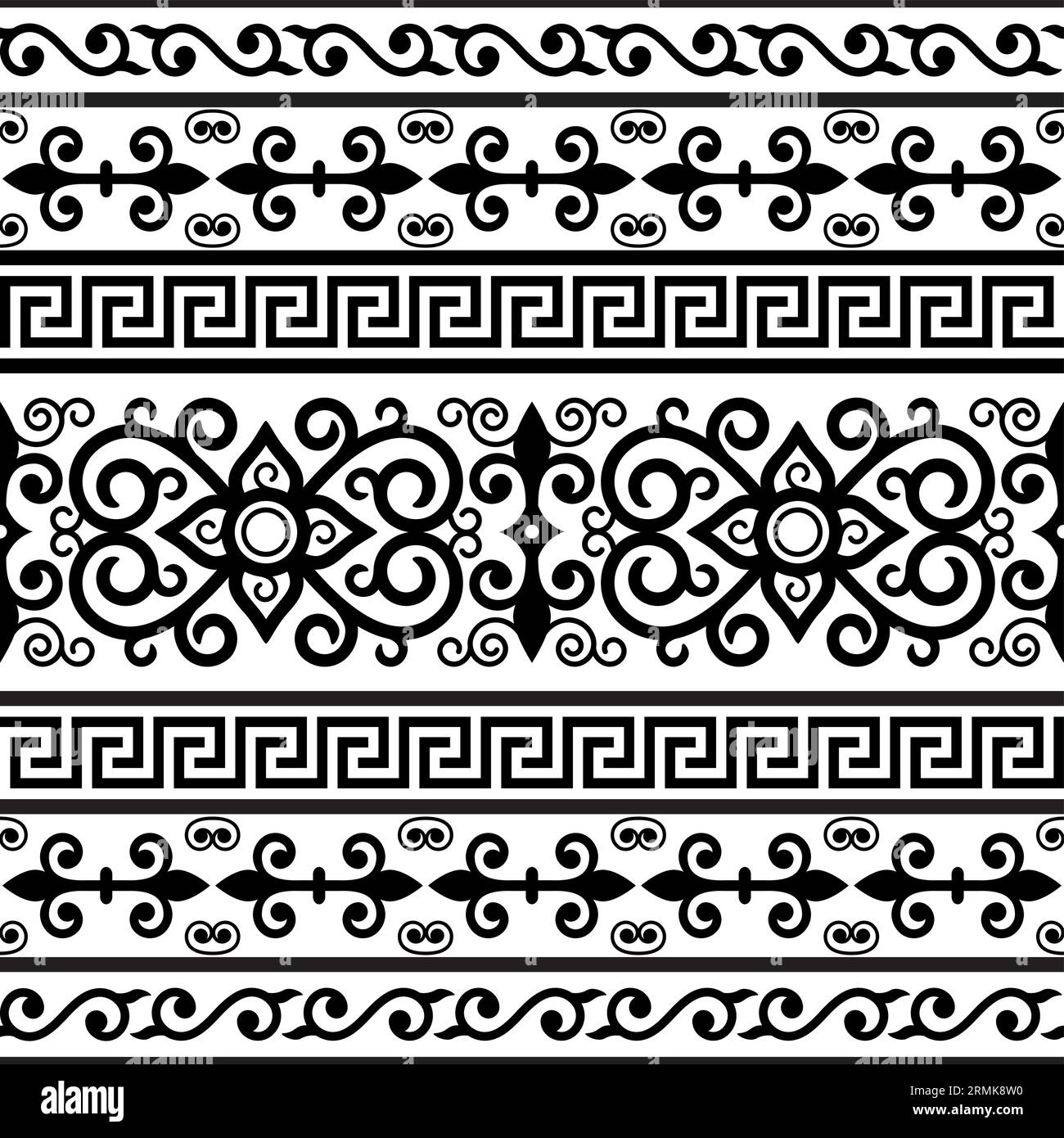 Motif vectoriel sans couture d'art folklorique mongol avec des fleurs et des tourbillons, textile traditionnel ou tissu imprimé design noir et blanc Illustration de Vecteur