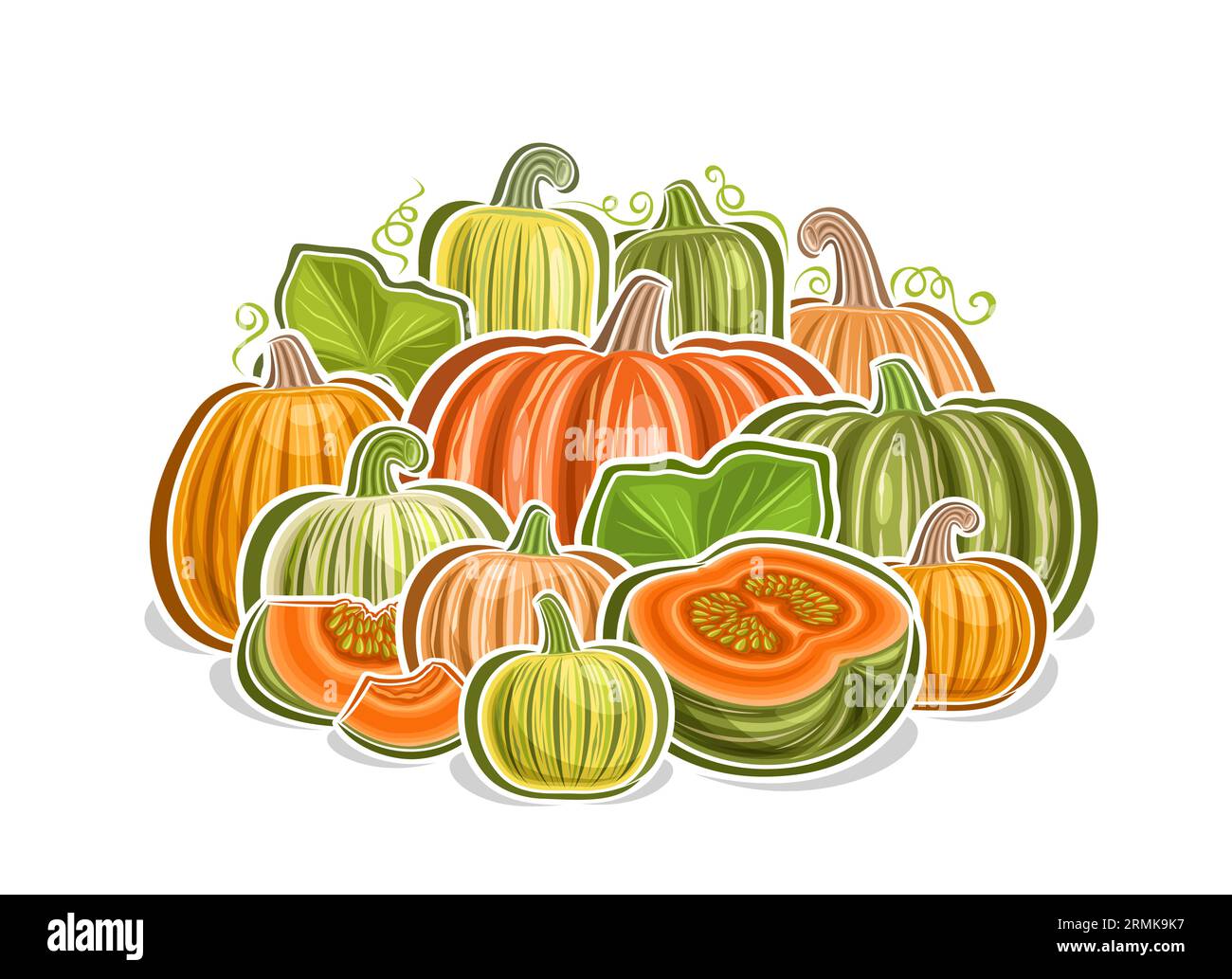 Logo vectoriel pour Pumpkins, affiche horizontale décorative avec citrouille de dessin animé et composition végétarienne kabocha, impression végétalienne avec whol différent Illustration de Vecteur