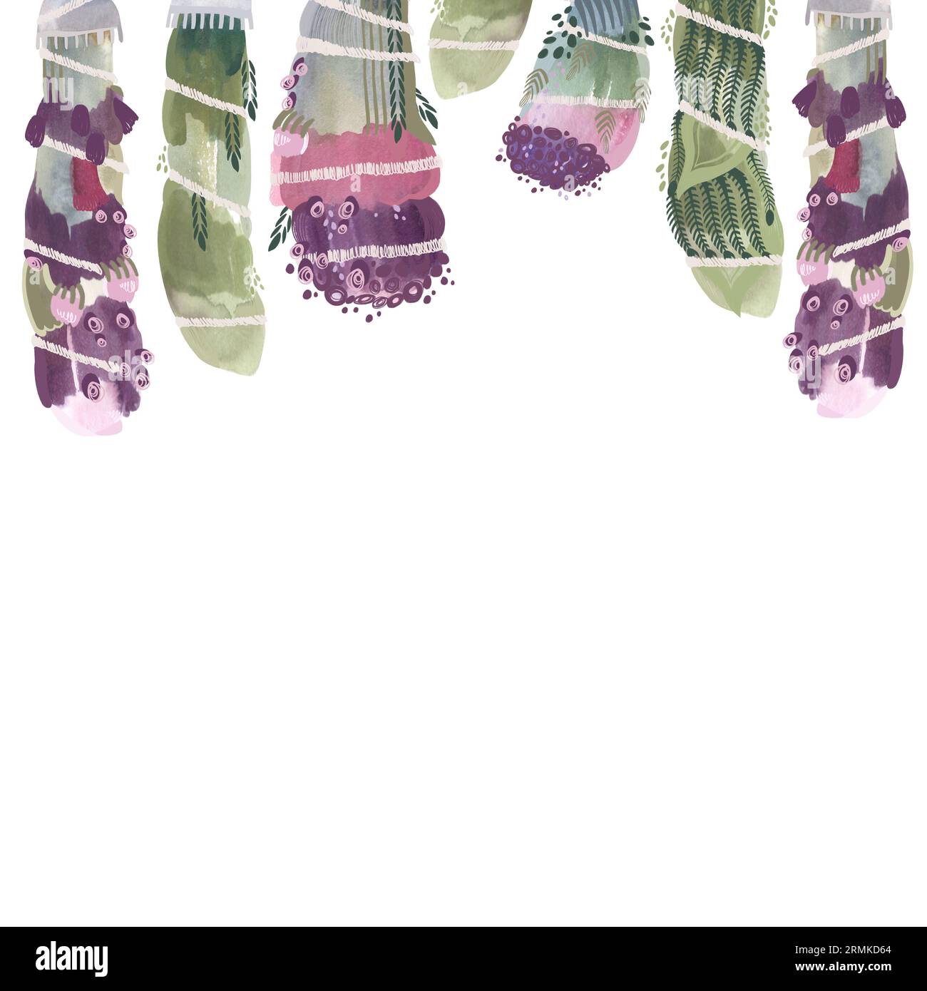 Un bouquet d'herbes séchées avec des fleurs violettes et roses, attaché avec une corde, pour le rituel de fumigation. Ensemble herboriste. illust ISOLEE a l'aquarelle dessinée a la main Banque D'Images