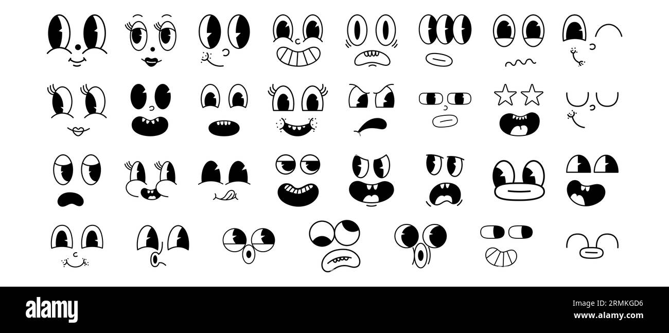 Ensemble de visages comiques groovy dans le style de bande dessinée rétro tendance des années 70. Émotions de mascotte traditionnelles. Illustration isolée. Illustration de Vecteur