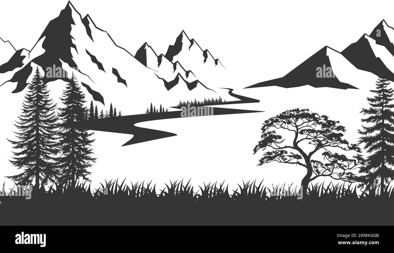 Silhouette noire des montagnes et des sapins forestiers paysage de camping paysage illustration vecteur d'icône pour logo, isolé sur fond blanc Illustration de Vecteur