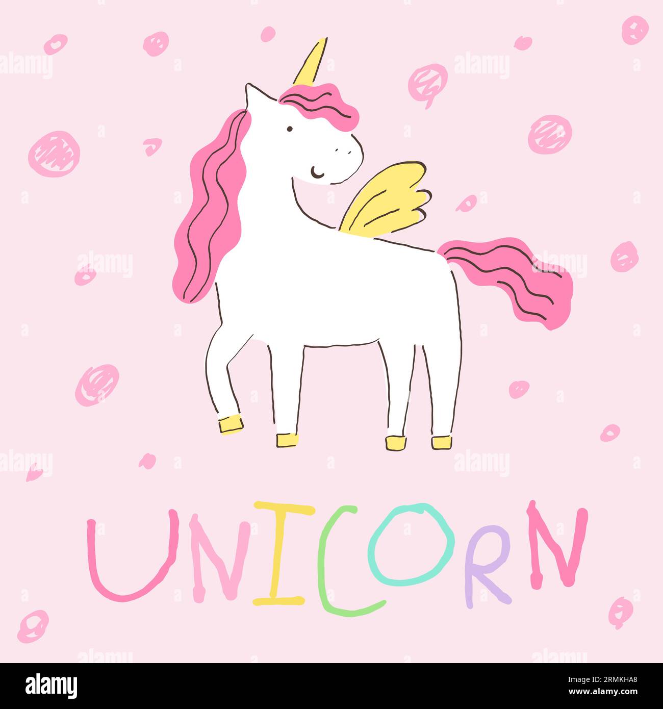 licorne mignonne avec les cheveux et la queue roses et les ailes jaunes douces et le maïs. Quelques taches sur fond rose. Lettrage Kiddish parfait pour le textile, le papier peint Illustration de Vecteur