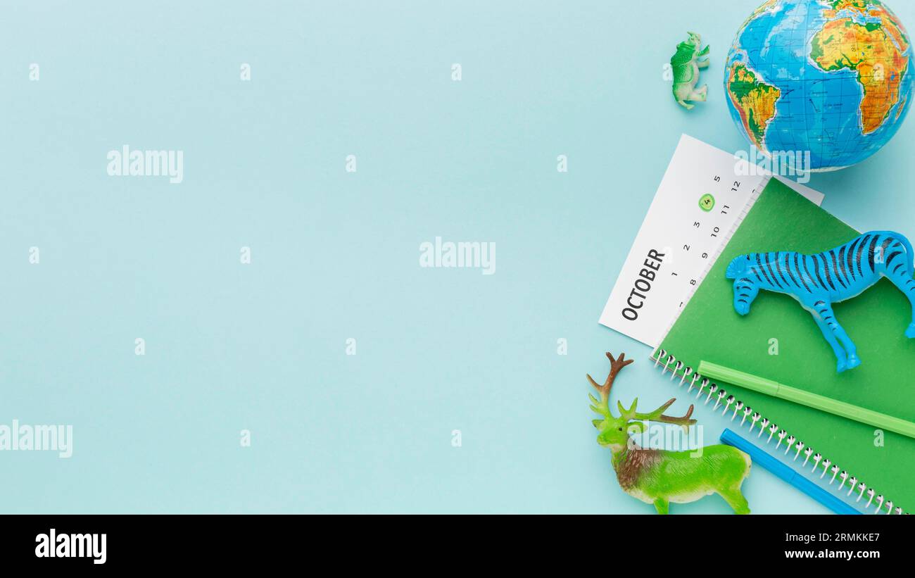 Figurines animales vue de dessus avec calendrier planète terre jour animal Banque D'Images