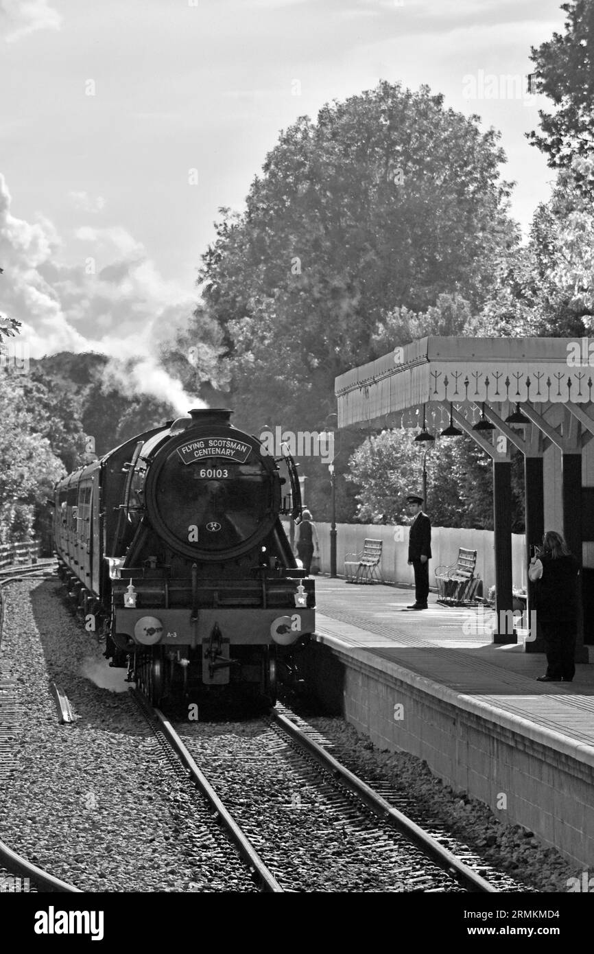 Flying Scotsman Bluebell Railway East Grinstead Station (2 de 3) noir et blanc Banque D'Images